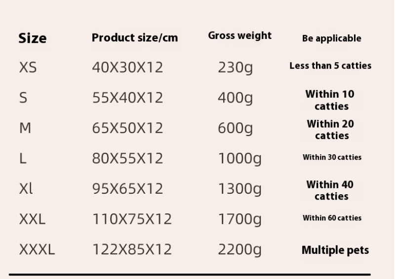 Aevvon pet bed size chart for cats and dogs