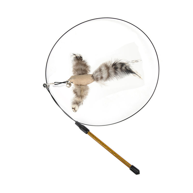 Close-up of the natural feather teaser attachment on the Aevvon cat teaser wand